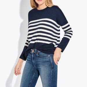 AYR The Radio  Crewneck Pullover Sweater Extra Fine Merino Wool Navy Blue Stripe